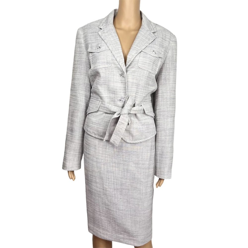LARRY LEVINE 2PC Blue Silver Polyester Rayon Belted Career Skirt Suit Set